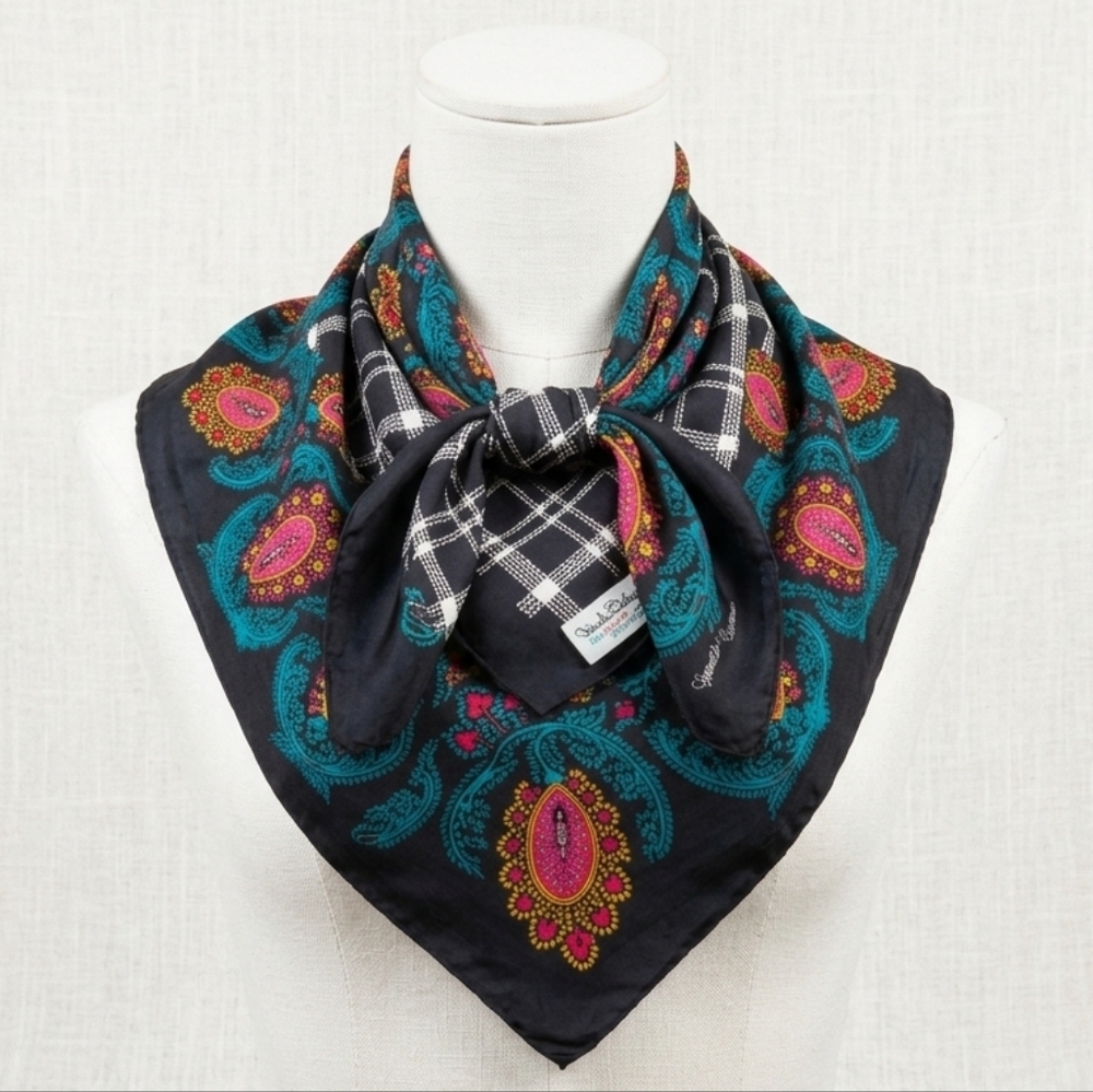 Diane Von Furstenberg Black Silk Paisley Scarf with Teal and Magenta Accents